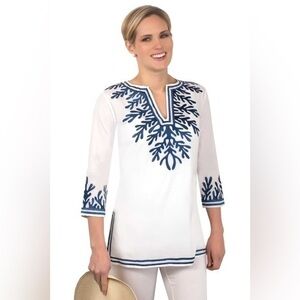 Gretchen Scott Size XS Embroidered Cover Up Turquoise Green Floral Tunic Top